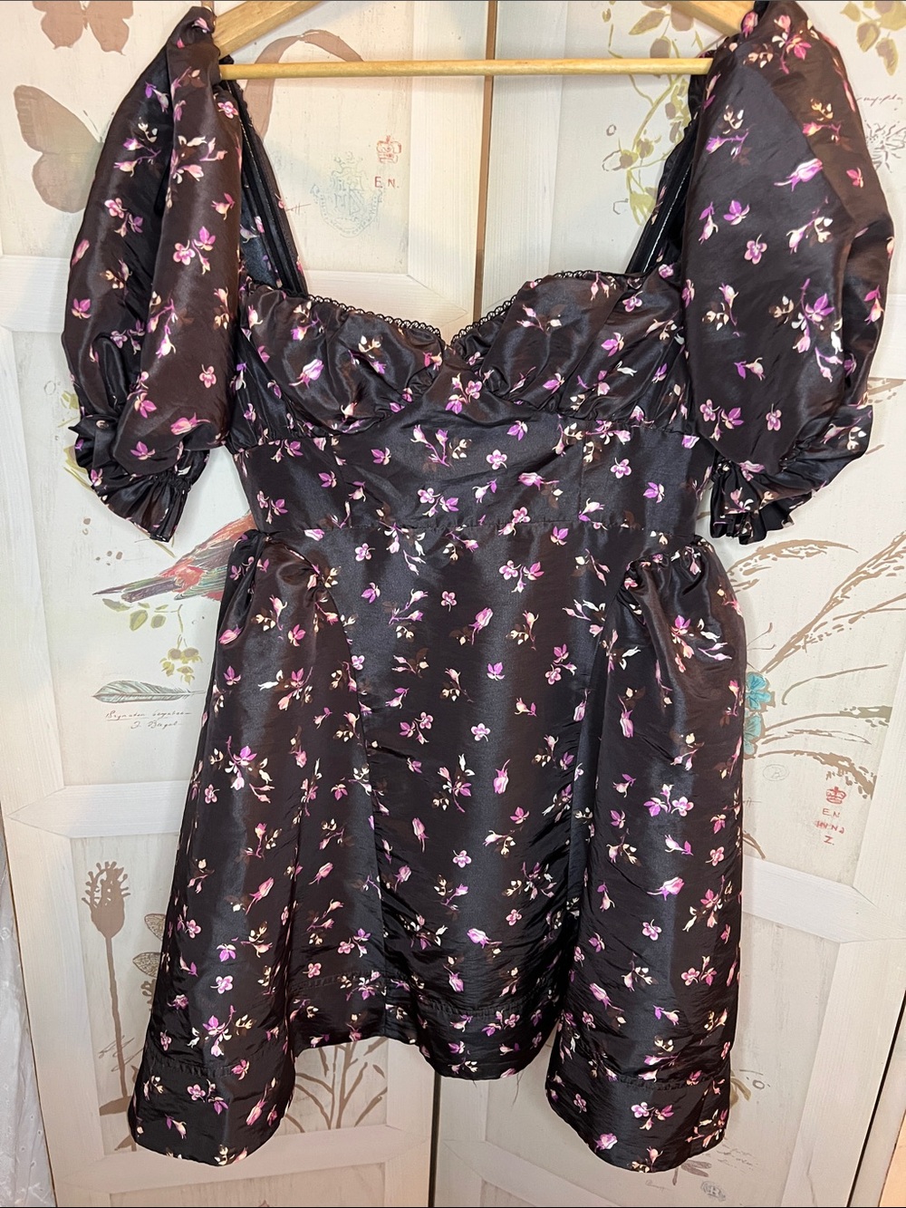 Maeve Black Dress with Pink and Purple Floral Print